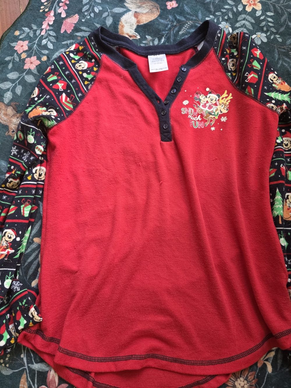 Disney Women Holiday Henley Top with Patterned Sleeves